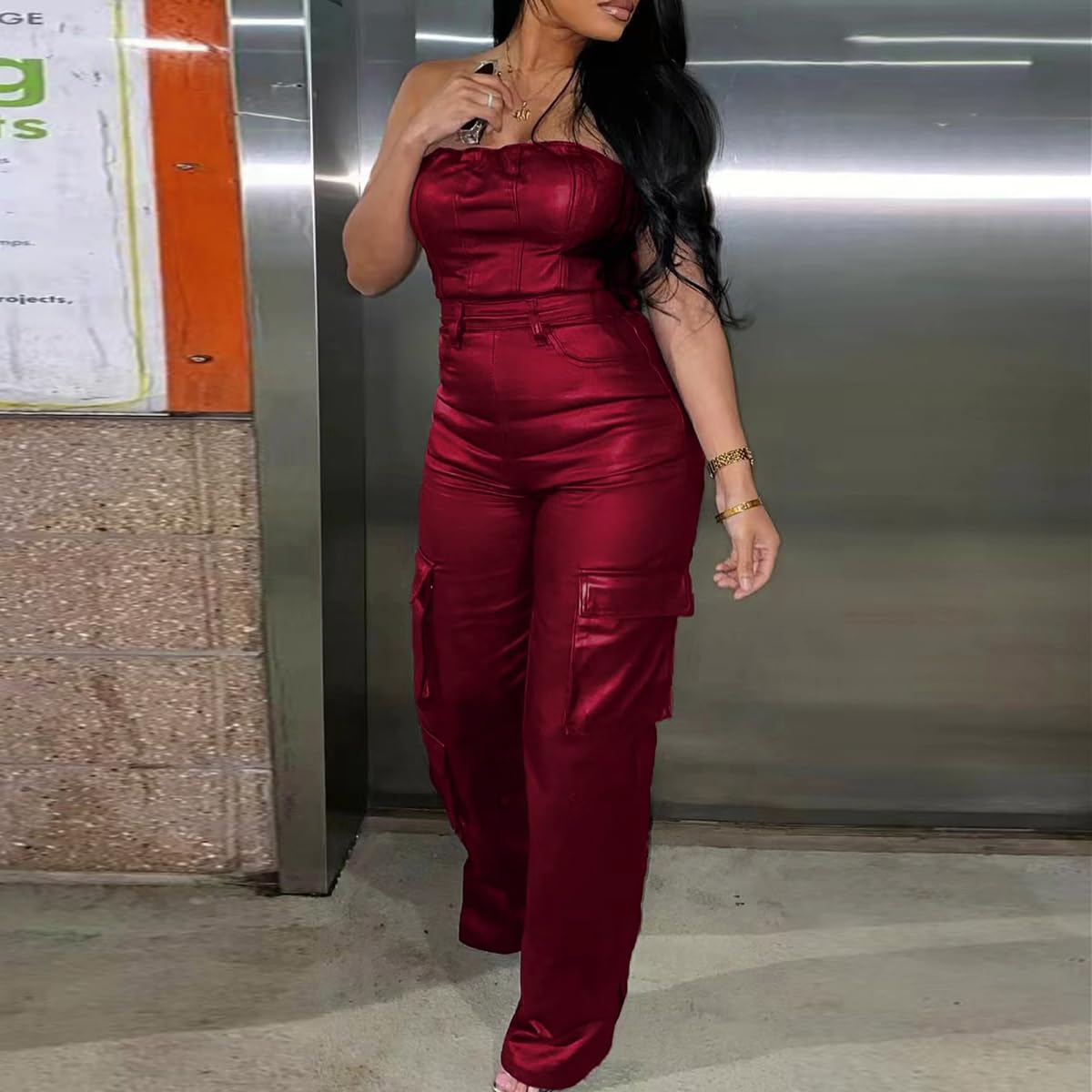Cookies Leather Jumpsuit Sexy Off the Shoulder Top