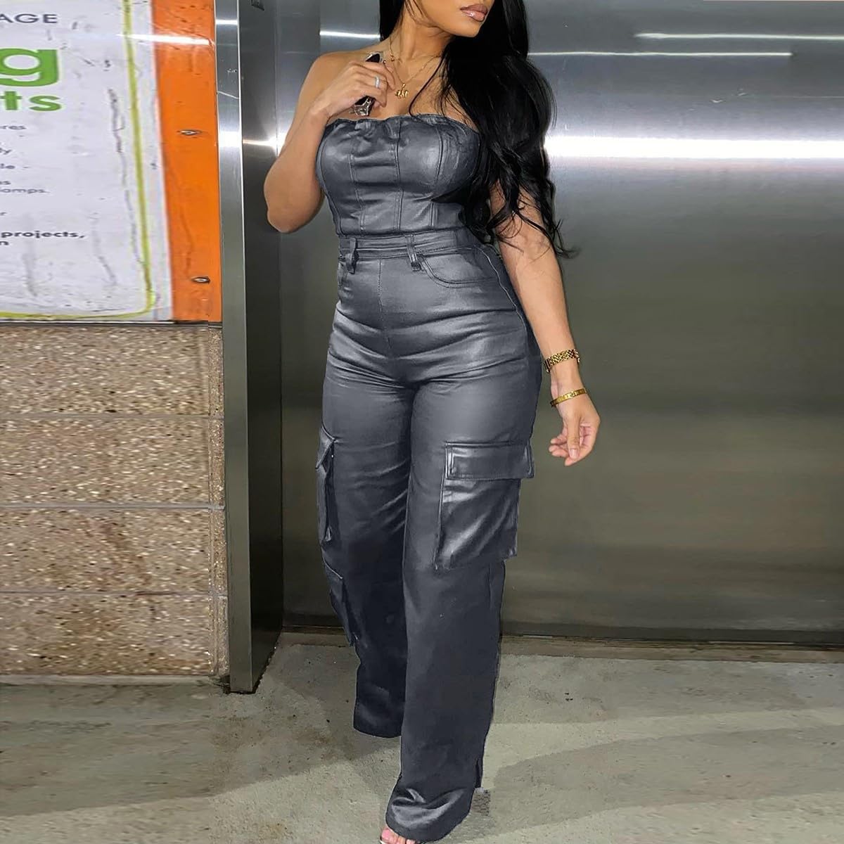 Cookies Leather Jumpsuit Sexy Off the Shoulder Top