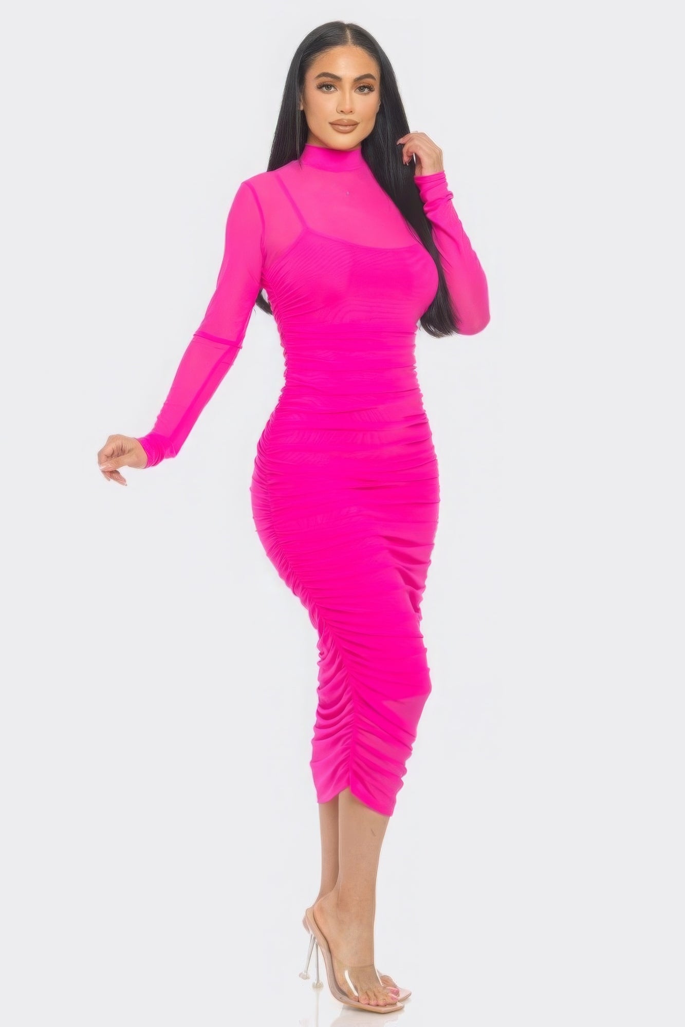 See Me Coming Ruched Midi Dress