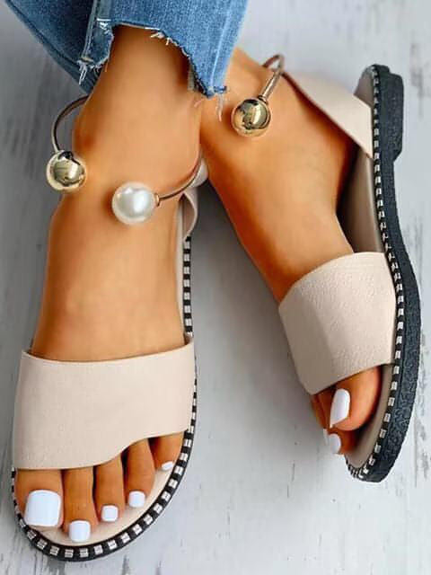 Pearl Studded Round Toe Flag Sandals