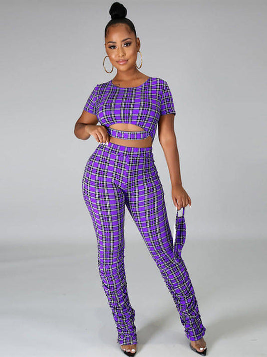 Stacked Pants Plaid Two Piece Set