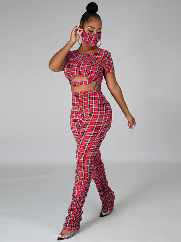 Stacked Pants Plaid Two Piece Set