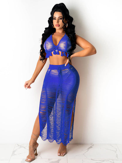 Crop Top Tassell Beach Skirt Set